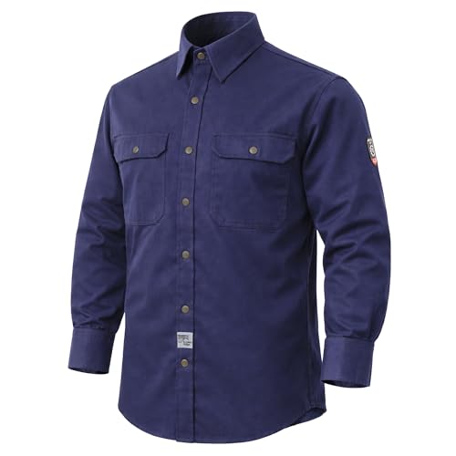 Fr Shirts for Men Lightweight Welding Long Sleeve Shirts Mens Fire Retardant FRC Flame Resistant Shirt Cat 2 Pearl Snap Button Up Sleeves Navy L
