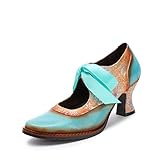 Bohemian Schuhe CrazycatZ Damen Leder Bunte Mary Jane Schuhe mit Schleife, Vintage Patchwork Mary Janes Pumps (Light Green, Numeric_41)