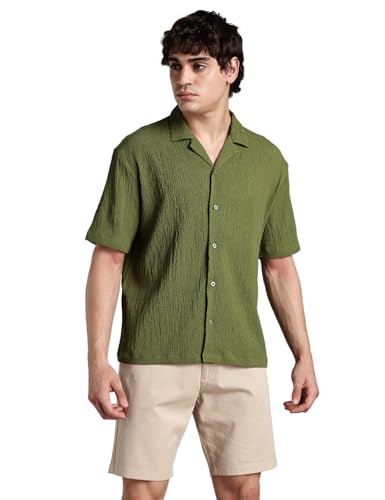 Image of FYLTR Men's Solid Textured Relaxed Fit Shirt - Half Sleeves | Cuban Collar | Comfortable Fit | Summer Shirts