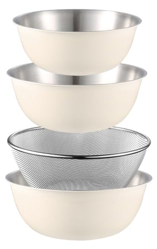 ざる ボウル セット 4点入り ステンレス鋼 コランダー 水切り 湯切り 目盛り付き 耐熱 キッチン ザル サラダボウル シンクザル 野菜 果物 麺類 水切り 多機能 お米洗浄 調理器具 オシャレ お手入れ簡単 (ベージュ(4点入り))
