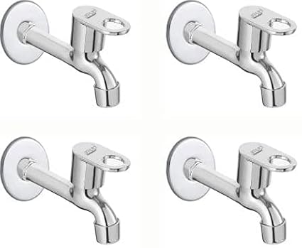 SPAZIO Stainless Steel MAX Long Body Bib Cock Tap Bathroom Tap Foam Flow Water with Wall Flange, Chrome Plated, Brass Disc, Pack of 4