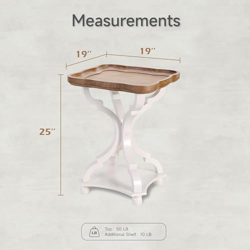 COZAYH Square End Table with Rustic Wood Tray Top and White Curved Legs, 19"x19"x25" – French Country Accent for Bedroom, Living Room, Dining or Entryway – Farmhouse-Style Furniture Piece - Image 3