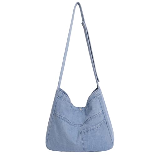 Image of Denim Shoulder Bag - Women's Retro Large Canvas Crossbody Tote Bag, Casual Style Lightweight