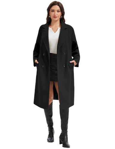 Flygo Womens Long Pea Coat Notch Lapel Double Breasted Trench Coat Fall Winter Overcoat Long Jacket2