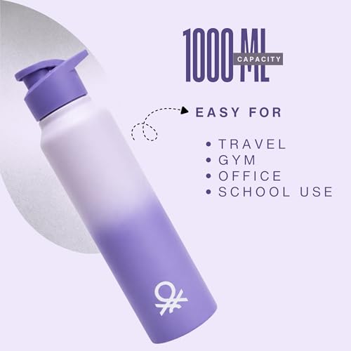 Image of United Colors of Benetton 1L (1000ML) Stainless Steel Water Bottle, Single Wall, Lightweight, Durable, Leak-Proof Cap, BPA-Free, Rust Resistant, Easy to Clean, Travel /Gym /Office /School Use