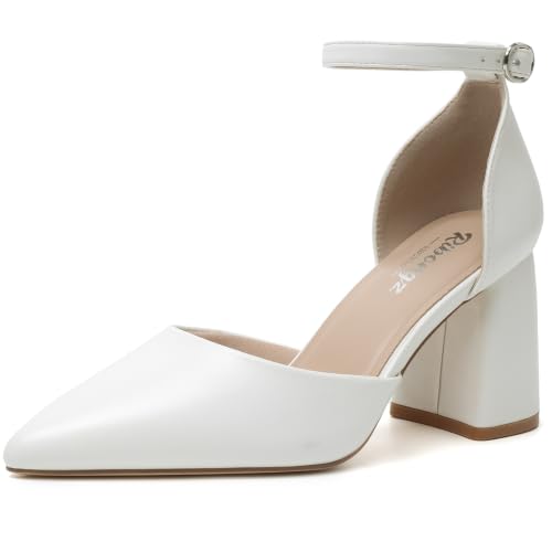 Image of RIBONGZ Block Heels for Women Closed Pointed Toe Heeled Slingback Chunky High Heel Ankle Strap Pumps Patent Leather Comfort Dressy Shoes for Work Party Prom Wedding Bridal Dress