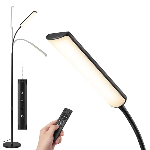 VASAGLE Lámpara de Pie, Altura Ajustable 141-175 cm, Lámpara Moderna de 15 W con Cabezal Flexible de 360°, Temporizador y Función de Memoria, Botón y Mando a Distancia, Salón, Negro Mate LFL007BD02