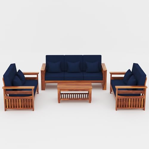 Image of Sheesham Wooden 7 Seater Sofa for Living Room | Rosewood 7 Seater Cushion Sofa Side Half Moon Rack | Solid Wood Sofa Set for Lounge (-3+2+2,Honey Finish)