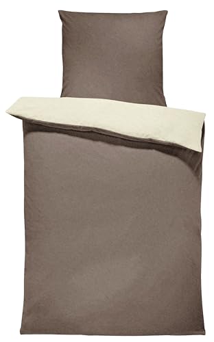 one-home Winter Bettwäsche Doubleface Uni Wende kuschelig flauschig warm weich Fleece, Größe:2 teilig 155x220 cm, Farbe:Taupe/beige Natur