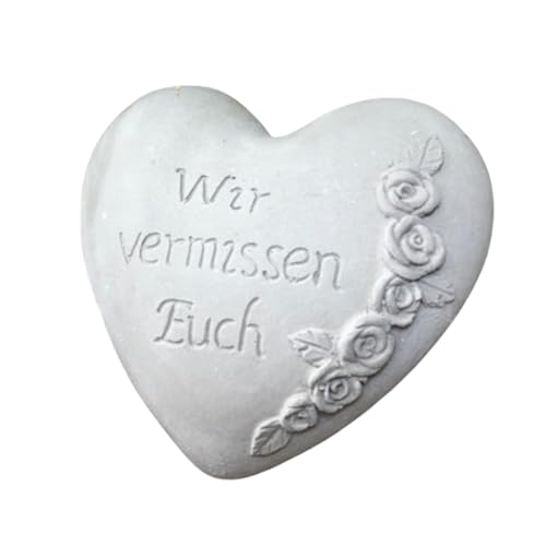 Radami Grabherz Gedenkstein - Wir vermissen Euch - Grabschmuck Grabdeko Trauerherz 10cm, Handarbeit Natur -grau