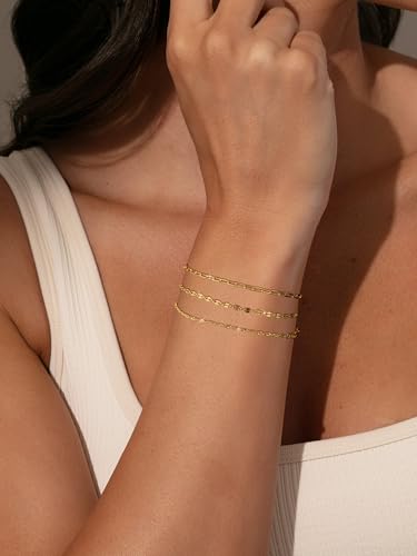 Tewiky Waterproof Gold Bracelets for Women Non Tarnish - Dainty Stack14K Gold Plated/Sterling Silver Chain Bracelets Set Adjustable Trendy Jewelry for Women3