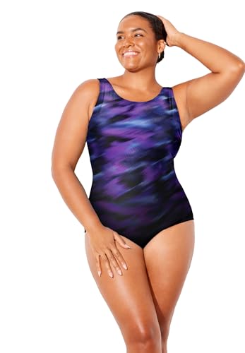 Swimsuits For All Women's Plus Size Tummy Control Chlorine Resistant High Neck One Piece Swimsuit - 12, Purple Electric Ombre (Plus