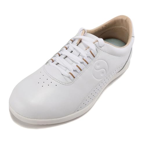 KongFanDZ Tai Chi Martial Arts Shoes - Unisex, White, Size 12, Leather, Flat Heel, Lace-Up, Round Toe, Athletic, Casual, Martial Arts, Beef Tendon Sole, Moderate Cushioning, Men, Women, Children