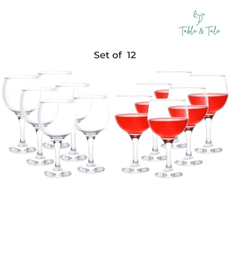 Image of Table & Tale Barone 490 ml Wine Glass Set of 12 from Brazil | Crystal Red & White Wine Glasses for Home, Bar, Parties | Elegant Stemware for Cabernet, Pinot Noir, Chardonnay & More