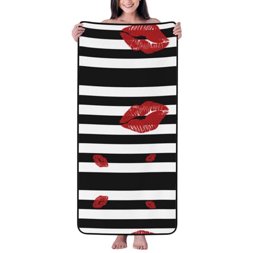 EZDLOWVBA Bouche rouge imprimée en rayures noires et blanches imprimées serviettes de bain décoratives absorbantes en microfibre velours de corail serviette de douche...
