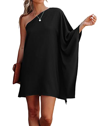 Csdni Womens One Shoulder Dress Loose Party Mini Short Dress(Black M) #TOP1