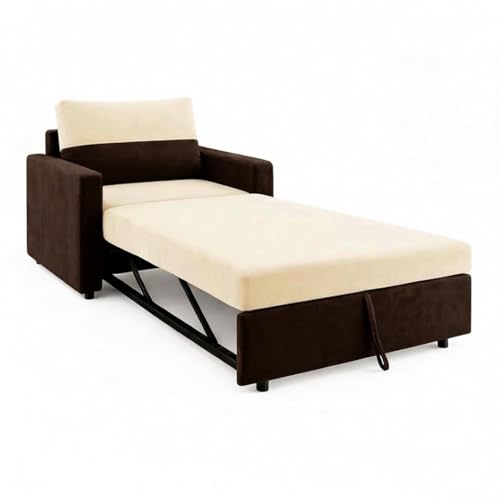 Image of SOCOZI Enrique 1 Seater Sofa Cum Bed | Soft Velvet Suede Fabric | Modern Convertible Design | Plush Comfort Seating for Living Room (Dark Brown-Cream)
