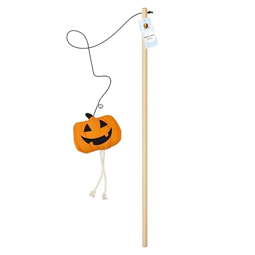 Image of Foodie Puppies Cat Teaser Playing Wooden Stick Halloween Plush Toy (Pumpkin, 41cm) for Cats and Kittens | Interactive Bell Hanging Wood Wand | Fun Teasing, Catching, Chasing and Bonding Play