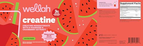 Image of Wellah Creatine for Women (Watermelon Slush) 30 Stick Packs, 3g Per Serving | With Dandelion, D-Mannose & Cranberry Extract, To-Go Packets