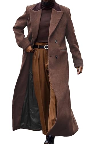 Image of Man's Double Breasted Full Length Trench Coat Casual Corduroy Collar Long Jacket Peacoat Wool Blend Winter
