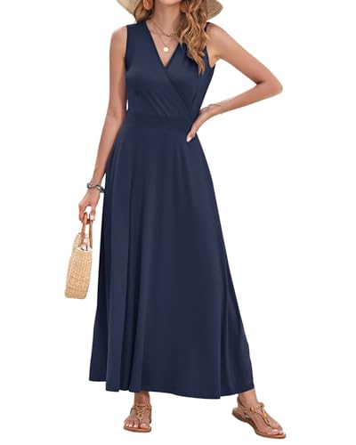 Image of AUSELILY Womens Maxi Dress Summer Sleeveless Wrap Long Dresses with Pockets | V-Neck Wrap Sleeveless Sundress, fits formal, casual, beach, vacation & daily wear