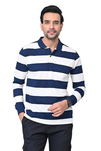 Image of ARBOUR Men Polo Neck Stripes Pocket Full Sleeves T-Shirt