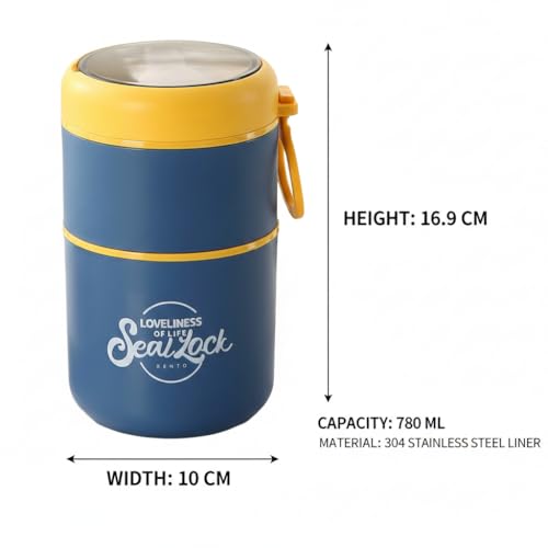 Image of 780ml Stainless Steel Lunch Box with Spoon, Handle, Leak Proof Small Container for Snack, Diet & Prep Food, Stackable Stainless Steel 2 Tier Men's Lunchbox for Work (Blue)