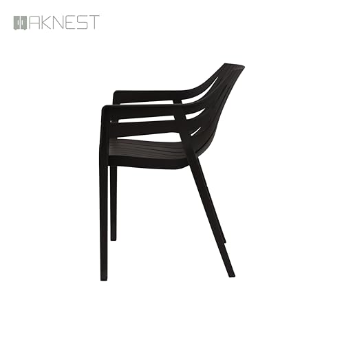 Image of OAKNEST Supreme Spectrum Plastic Arm Chair - Modern Slatted Stackable Chair for Living Room, Dining, Garden, Balcony, Restaurant & Cafe | Weatherproof Indoor Outdoor Designer Chair, Set of 4, Wenge