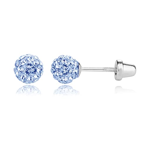 Sterling Silver Simulated Birthstone Pave Ball Screw-Back Earrings for Little Girls and Kids