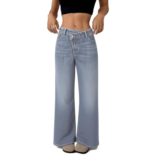 Women's Low Waisted Baggy Jeans Crossover Wide Straight Leg Denim Pants Lowrise Casual Loose Jean Trousers - Main Image