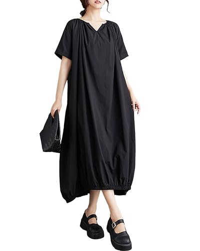 Image of ellazhu Women's Dress Short Sleeve V Neck Below Knee Solid Color Oversize Loose Casual Summer GZ236