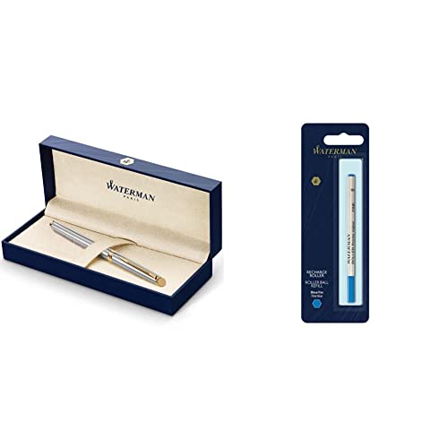 Waterman Hémisphère stylo roller | acier inoxydable avec attributs or fin 23K | pointe fine | encre noir | coffret cadeau & recharge d’encre pour stylo roller | pointe fine | encre bleue | 1 recharge
