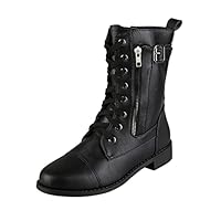 Combat Military Style Mid-Calf Boots, Black Leather Look, Lace-Up with Side Zip, Buckle Detail Motorcycle Shoes For Women Zipper Booties Ankle Boots for (Black, 7)