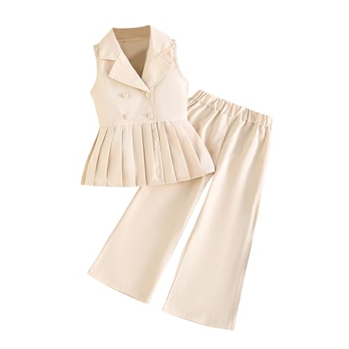 Girls Summer Clothing Set Double Breasted Sleeveless Pleated Blazer Vest with Wide Leg Pants 2 Piece Outfits for 2-9 Years