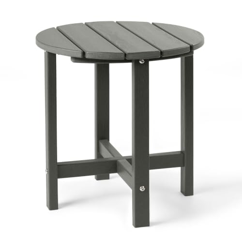 Image of Outdoor Side Table - Round All-Weather HDPE End Table with Realistic Wood Grain, Heavy Duty Composite for Patio & Garden (Gray)