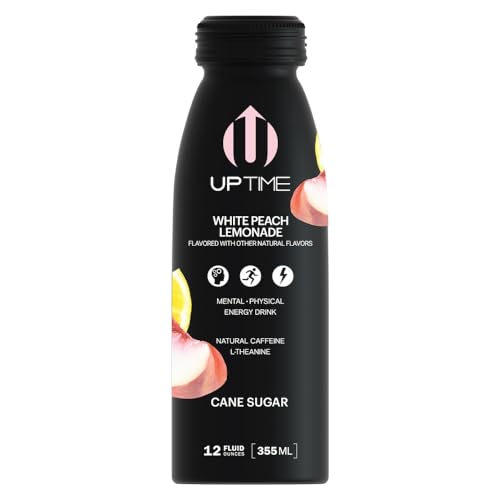 UPTIME Energy – White Peach Lemonade - Cane Sugar (12 Pack), Premium Energy Drink, 12oz Cans, Natural Caffeine, Sparkling, Natural Flavors