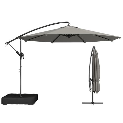 Outsunny Parasol Déporté de Jardin 3 m avec Base Croisée et Sac de Sable de 80 kg à Remplir, Parasol Banane Rotatif 360° avec Manivelle, Gris