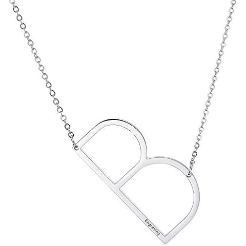 MOWOM Large Initial Letter Pendant Necklace Custom Engraving Name Date for Women Girl Girlfriend Stainless Steel Big Sideways Alphabet Best Friend Bridesmaid Gift(Silver Color Letter B) Cover