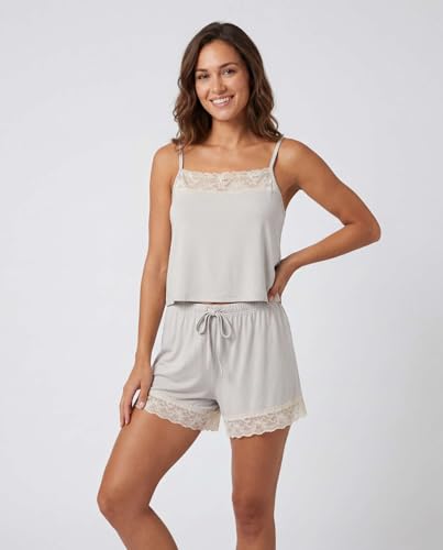 Image of Real Essentials 2 Pack: Women's Lace Trim Cami and Short Set Cute Pajama PJ Sleepwear Nightwear Pajamas Sleep Soft Drawstring