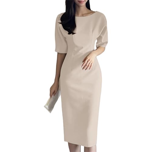 Women Midi Dress Elegant Textured Slim Fit Boat Neck V Back Half Sleeve Office Gown