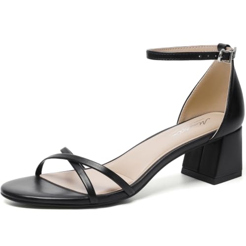 Image of Mostrin Chunky Heels for Women Round Open Toe Strappy Heeled Sandals Ankle Strap Dressy Block Low Heels for Party Wedding Prom Daily