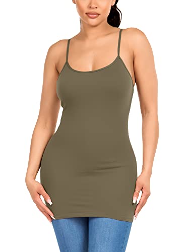 Image of Long Cotton Camisole Tank Tops for Women | Basic Braless Layering Tops with Adjustable Spaghetti Straps