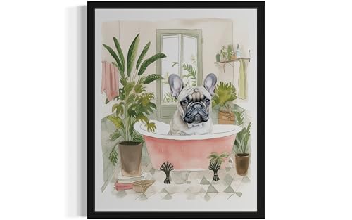 Image of French Bulldog in Bathtub Black Framed Wall Art Poster Print, Animal Bathtub Restroom Wall Art Painting for Bathroom Decor Gallery Gallery 30 (French Bulldog in Bathtub, 10 inch L x 8 inch W, Black Frame)