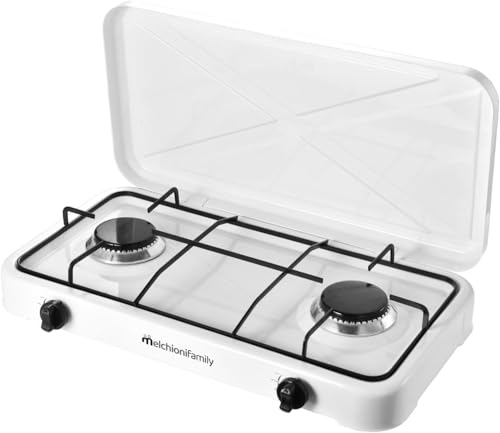 Melchioni Family | MINERVA NEW Cocina de Gas 2 Fuegos Blanca para Exterior | Acero Esmaltado, GLP, Tapa Protectora, Parrilla Extraíble, Llama Regulable