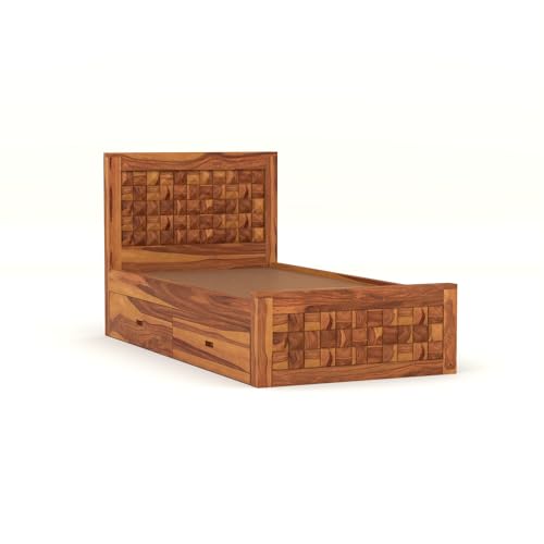 Image of Solid Sheesham Wood Single Size Bed with 2 Drawer Storage Wooden Single Cot Bed for Home Living Room Bedroom Guest Room Hotel (Honey, Size 6 * 4)