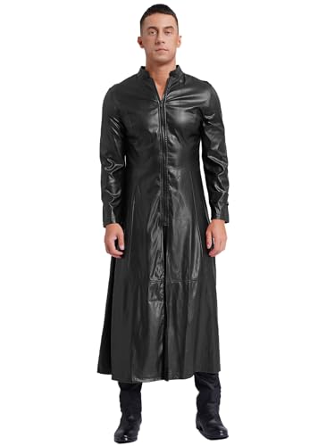 Hularka Men's Steampunk Faux Leather Jacket Stand Collar Zipper Long Coats Vintage Trench Coats