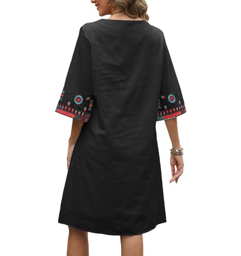 Image of Higustar Mexican Embroidered Dress Summer Cotton Bohemian Flower Peasant Traditional Mexico Fiesta Boho Dresses for Women