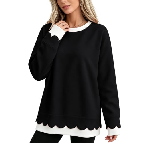 Oversized Sweatshirt for Women Cute 2 in 1 Scalloped Crewneck Sweatshirt - image 1