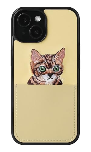 スマホケース PUレザー iPhone 12 Pro Max 互換性 対応ケース 刺繍 猫 かわいい ねこ 合皮 カード入れ グリップ 落下防止 滑りにくい (クリームイエロー)