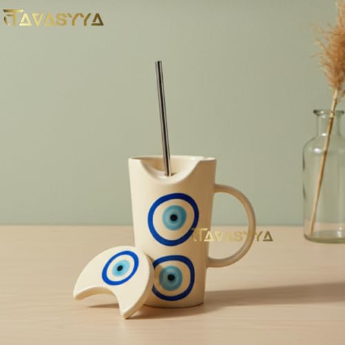 Image of Handmade Ceramic Mug, 450ml Tumbler with Lid & Straw - Cream with Blue Evil Eye Design, Cup for Hot & Cold Beverages - Coffee, Tea, Milk | Microwave & Dishwasher Safe | Perfect for Gifting
